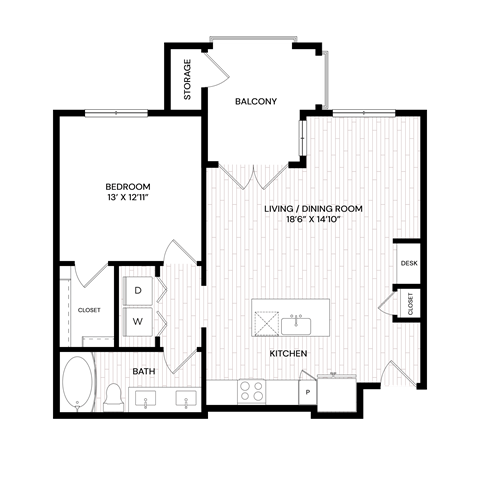 Floor plan for 1 bed, 1 bath, 772 sqft